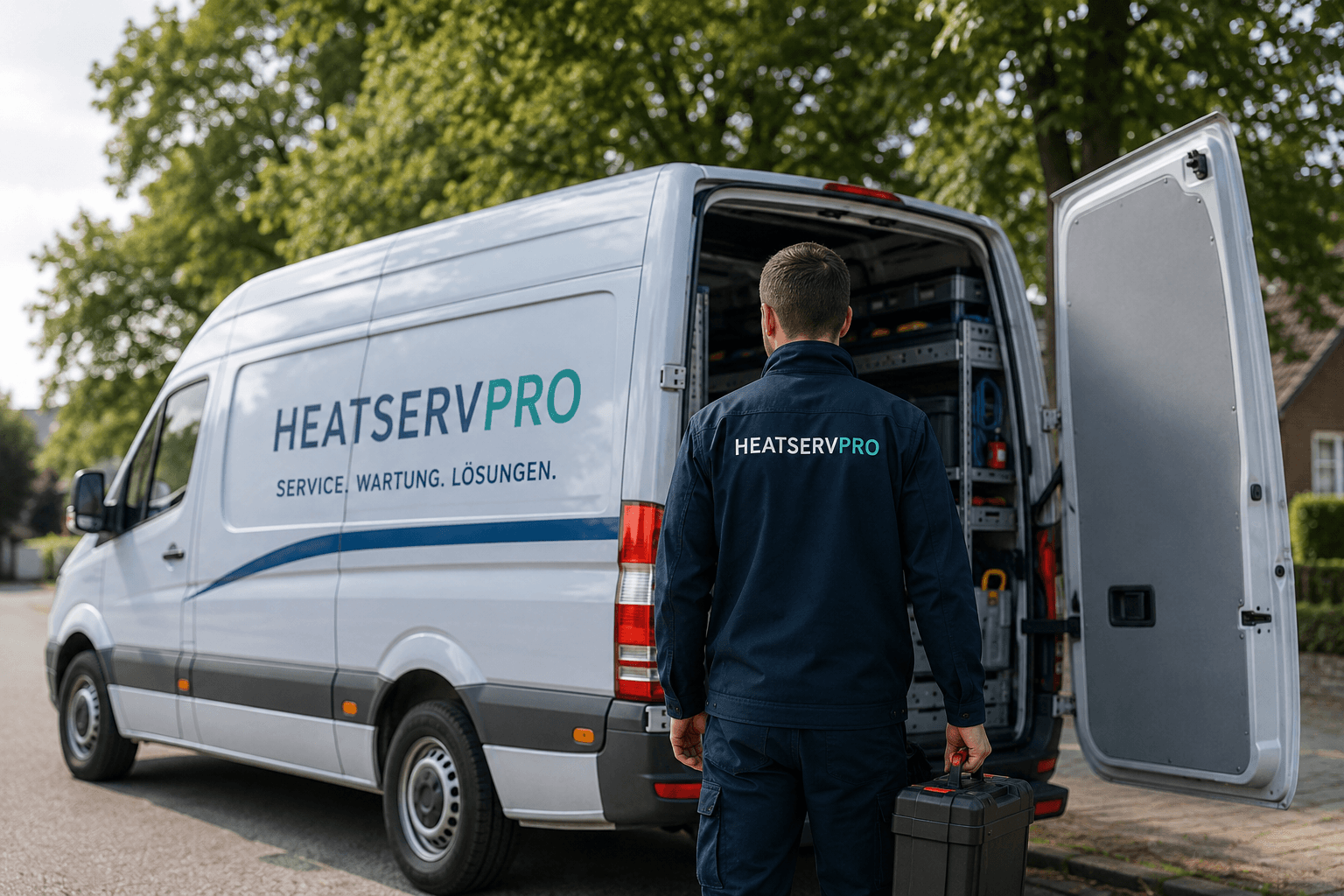 HeatServPro Servicefahrzeug mit Techniker im Einsatz