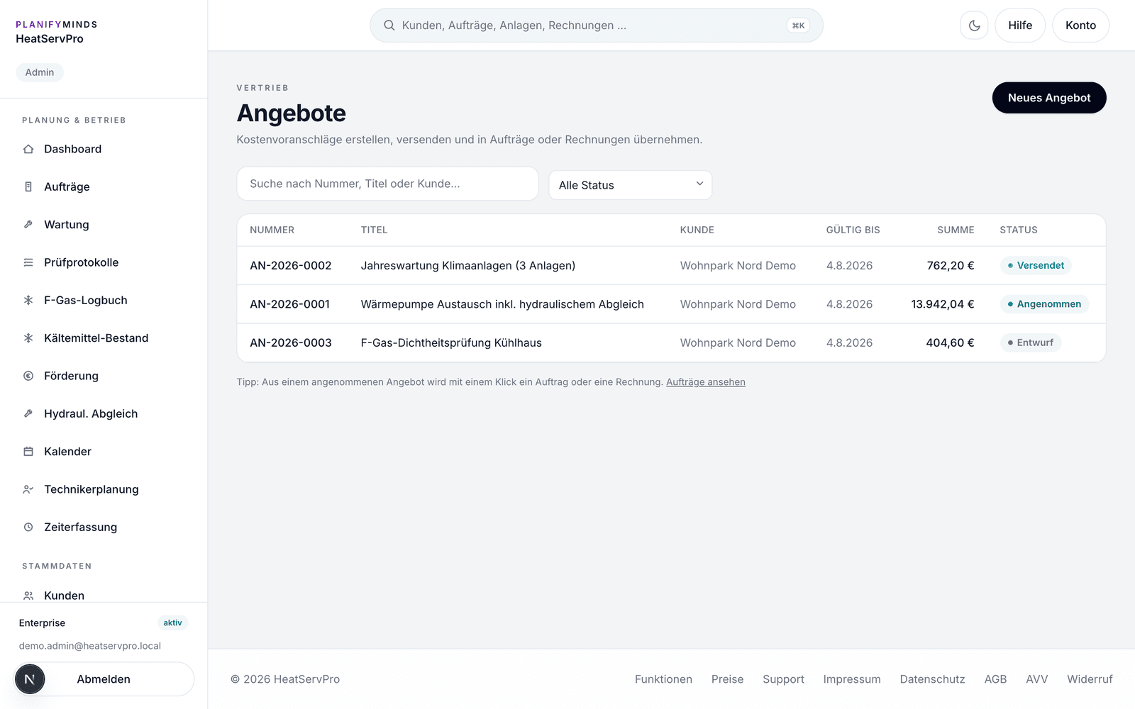 Angebotsübersicht in HeatServPro: Angebotsnummer, Titel, Kunde, Gültigkeit, Summe und Status je Zeile.