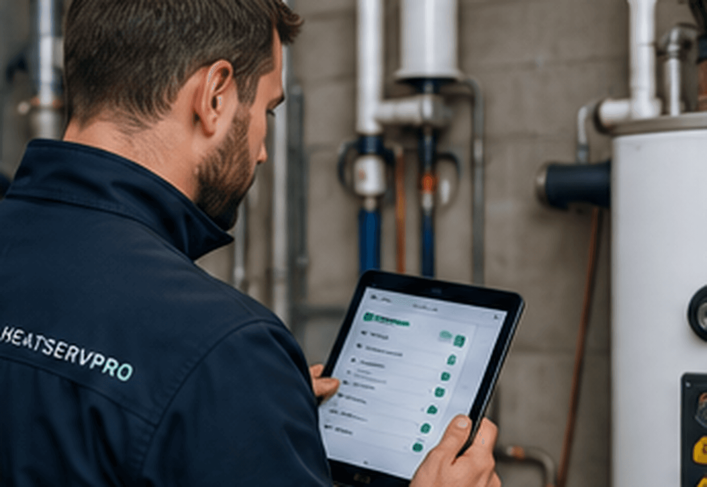 Techniker nutzt HeatServPro am Tablet vor Ort