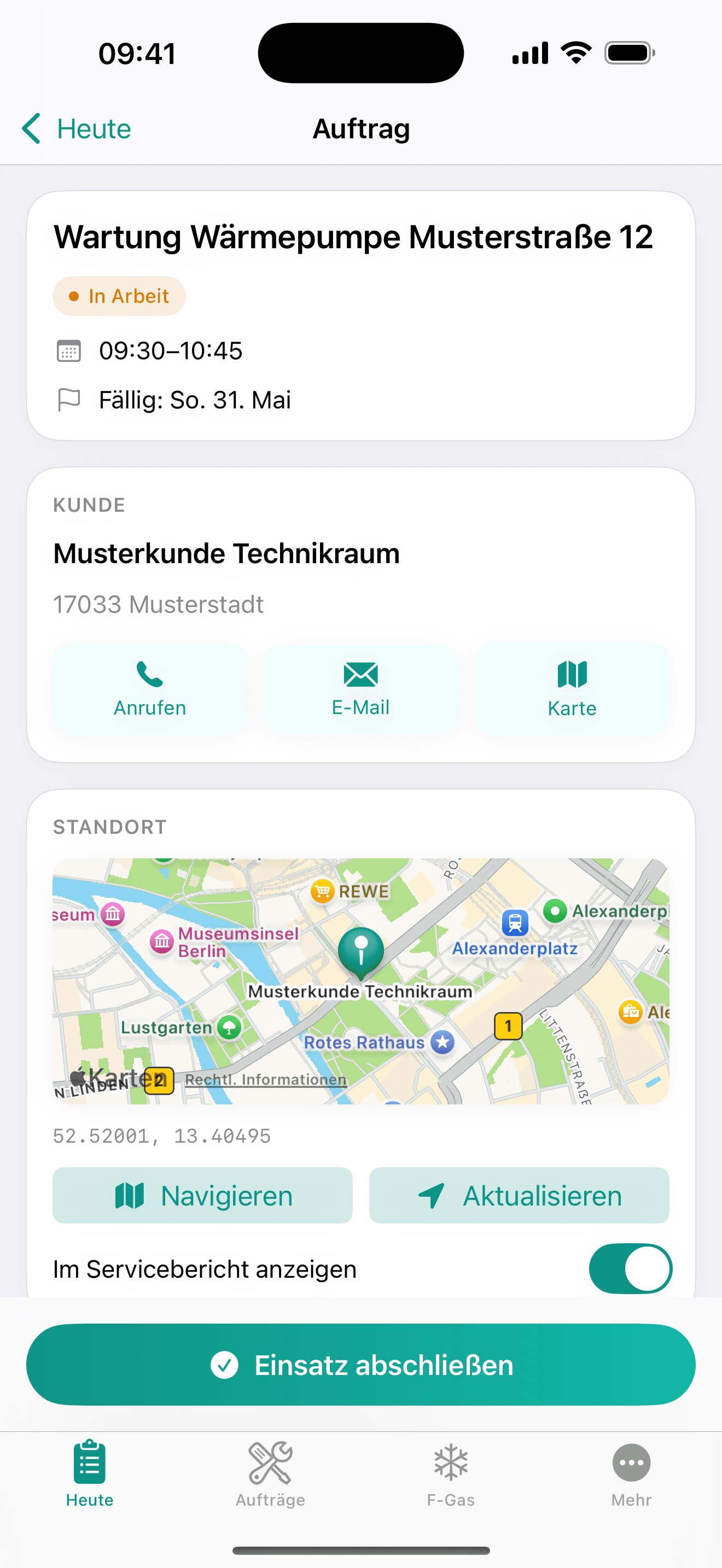 HeatServPro Techniker-App auf dem iPhone – Auftrag bearbeiten
